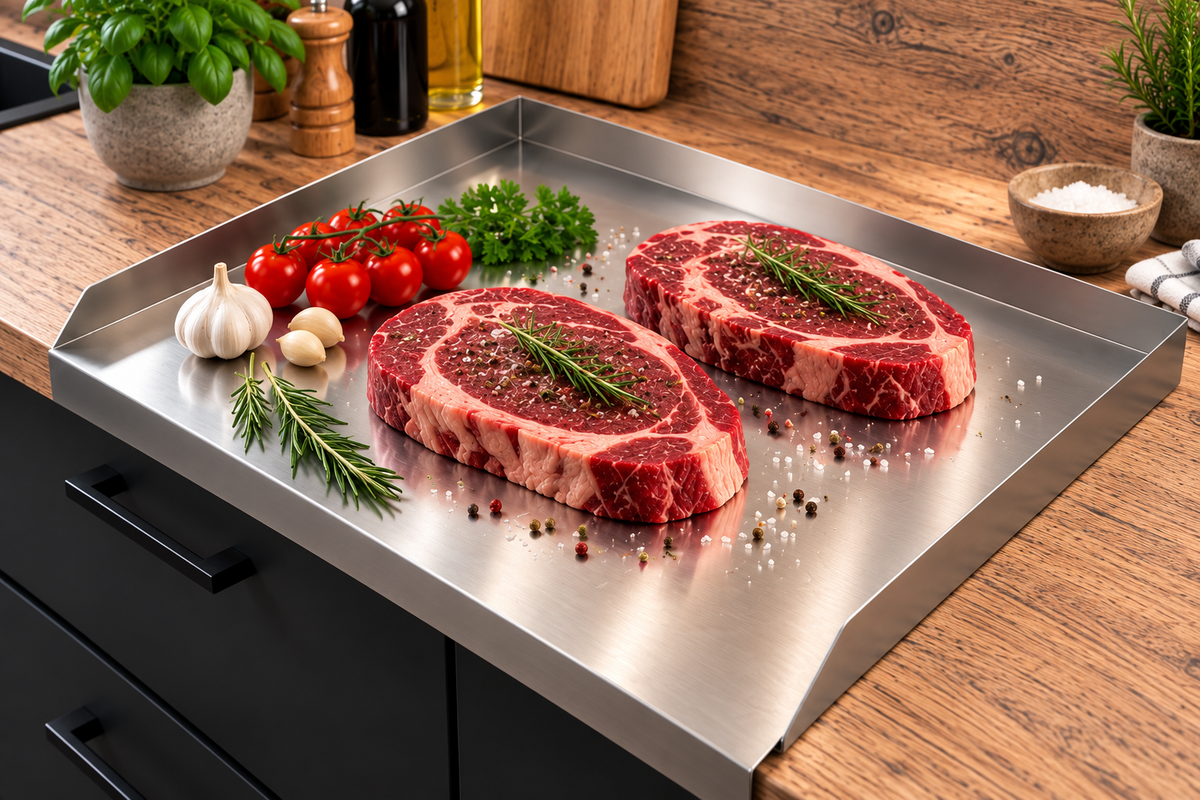 Edelstahl-Schneidbrett mit Anschlagkante auf einer Küchenarbeitsplatte, mit zwei rohen Rindersteaks, Rosmarin, Knoblauch und Gewürzen. Kopieren