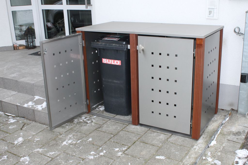 2er Mülltonnenbox Edelstahl 120 Liter - mit Bangkirai Holzpfosten