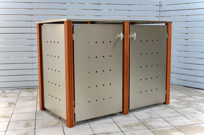 2er Mülltonnenbox Edelstahl 240 Liter - mit Bangkirai Holzpfosten