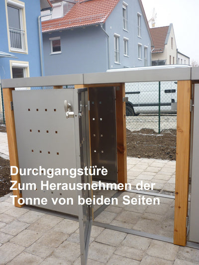 3er Mülltonnenbox Edelstahl 240 Liter - mit Bangkirai Holzpfosten