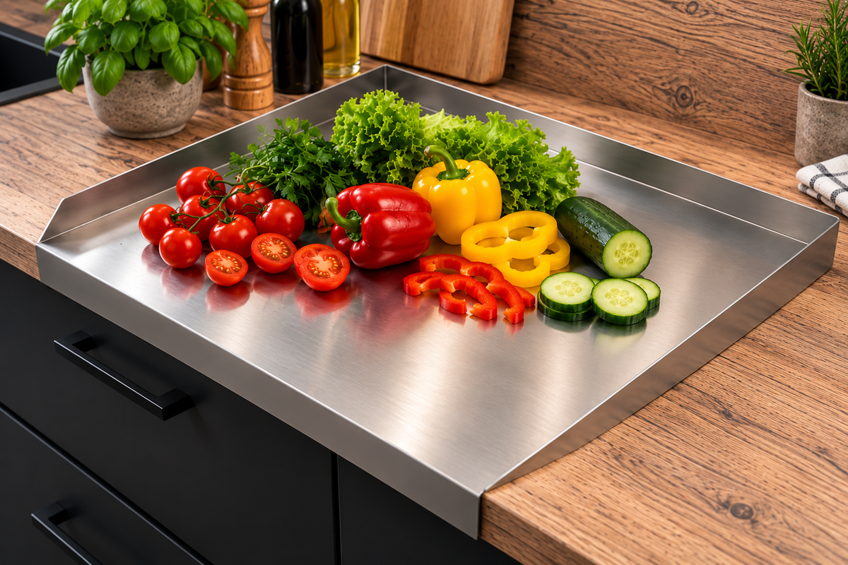 Edelstahl-Schneidbrett mit erhöhten Seitenrändern auf einer Küchenarbeitsplatte, mit frischen Tomaten, Paprika, Gurken und Salat.