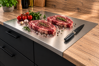 Steak zum Zubereiten auf der Arbeitsfläche der Firma Indra Edelstahlsysteme GmbH 