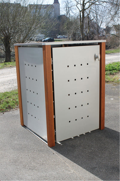 1er Mülltonnenbox Edelstahl 120 Liter - mit Bangkirai Holzpfosten