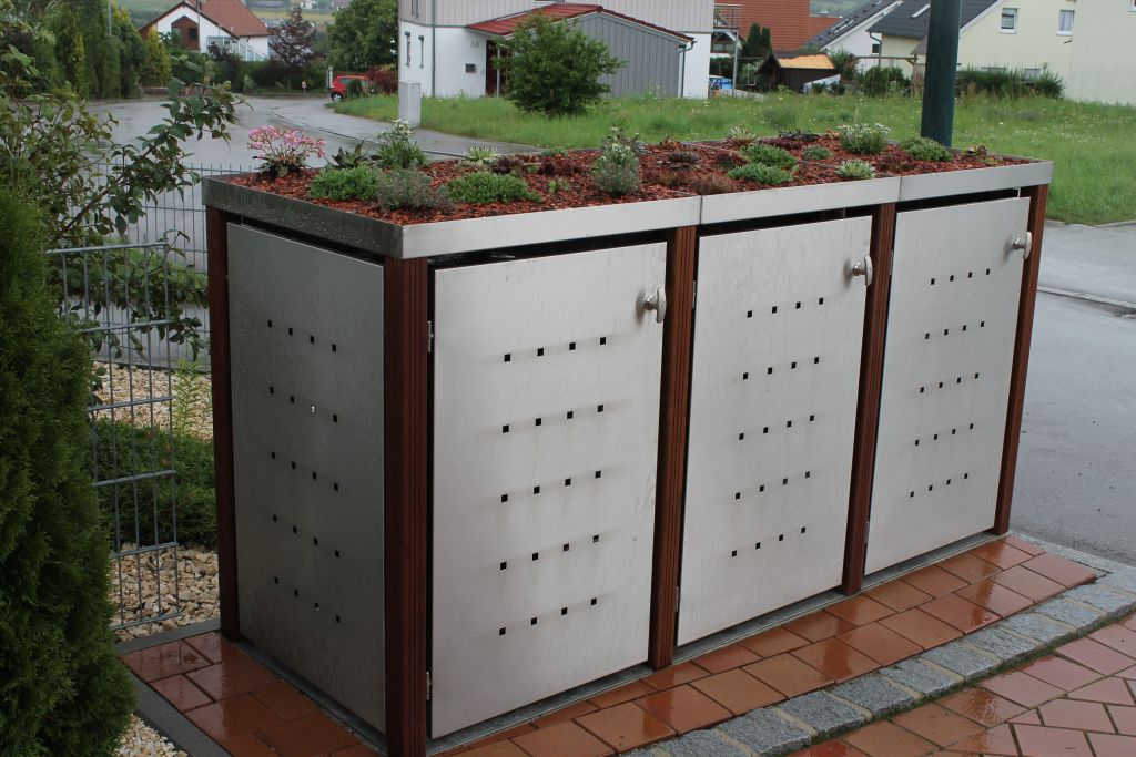 3er Mülltonnenbox Edelstahl 120 Liter - mit Bangkirai Holzpfosten