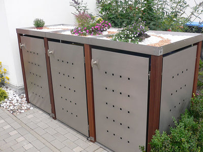 3er Mülltonnenbox Edelstahl 120 Liter - mit Bangkirai Holzpfosten